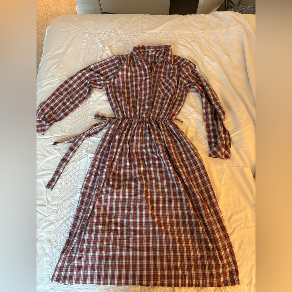 Vintage Plaid Carolina Maid shirt dress with belt, red white green